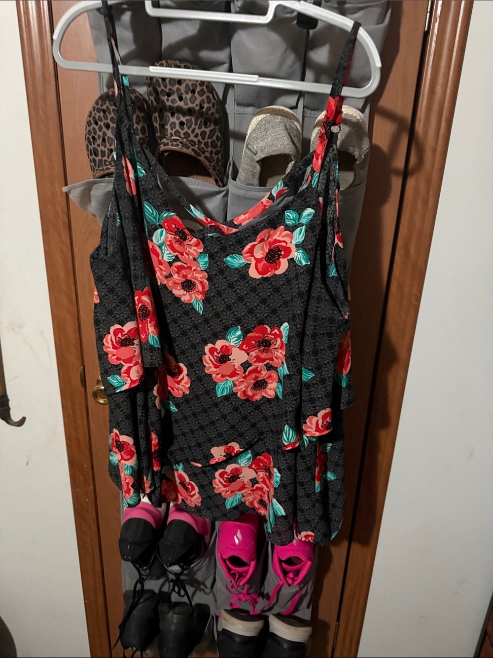 Cold-Shoulder Floral Cami in Black with Coral Blooms